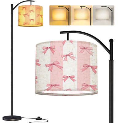  Arc Floor Lamp Coquette aesthetic seamless pink ribbon bow Tall Modern Standing Lamp LED Adjustable Linen Lampshade 3 Color Temperatures
