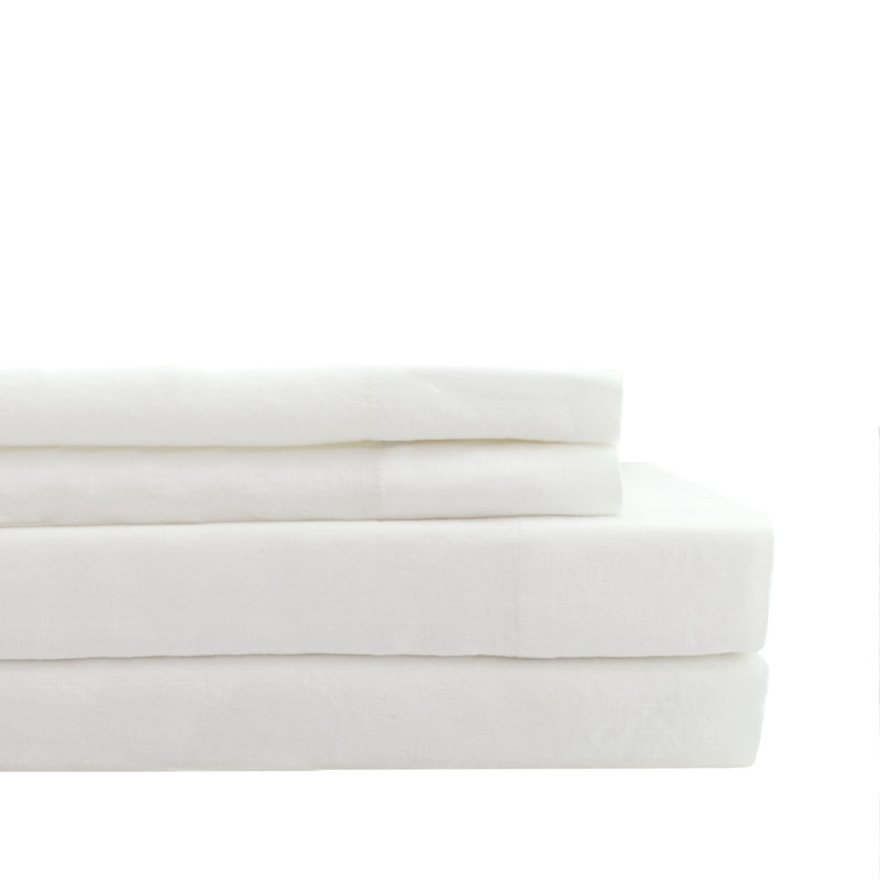 Brent 100% Linen Sheet Set, Queen Sheet Set + Fitted Sheet + 2 Pillowcases, White