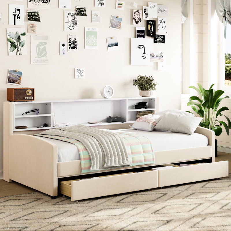 Lit plateforme simple avec rangement en velours doux beige, tête de lit confortable, grands tiroirs pour la literie et les vêtements, taille de construction avec rembourrage