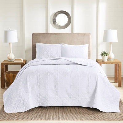 Couvre-lit blanc 3 pièces pour lit double/queen - Matelassage médaillon, réversible, 2 taies d'oreiller, style décontracté
