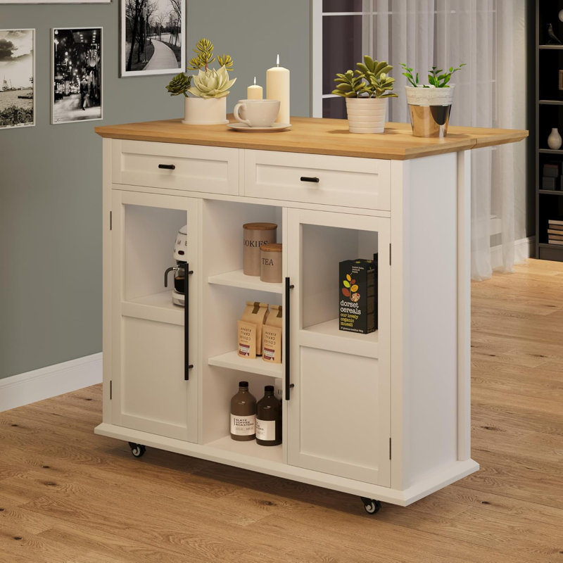 Chariot de cuisine sur roulettes pour îlot de cuisine avec table pliable 2 niveaux avec tablette de rangement, Blanc