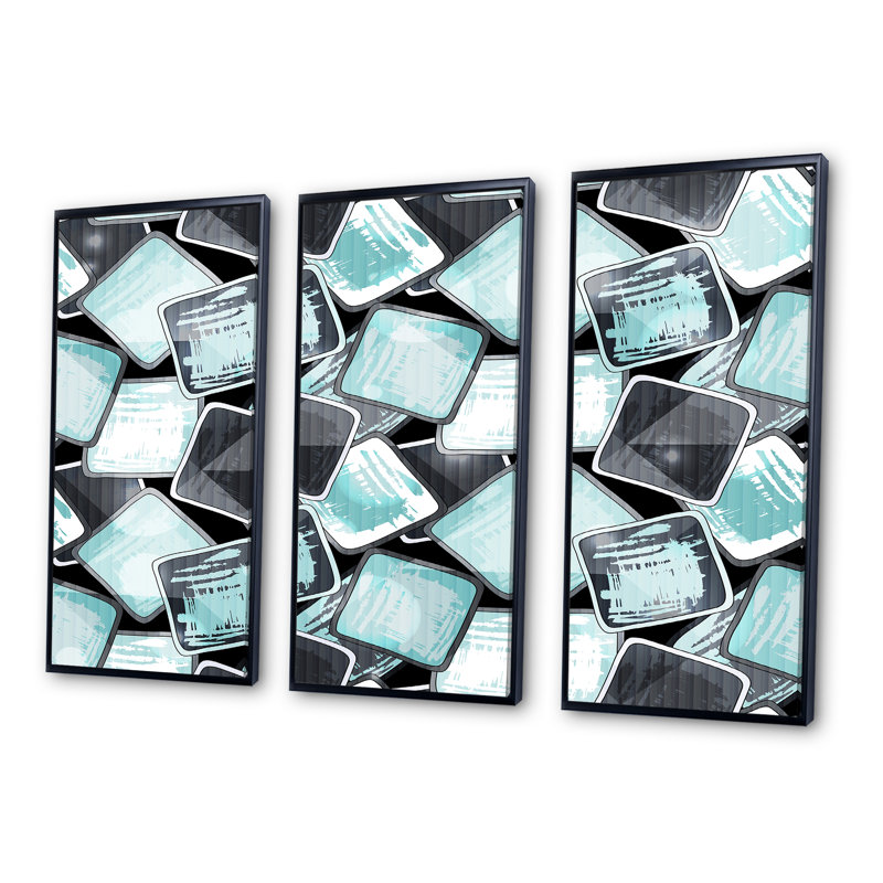 Carrés de graffiti turquoise et gris - 3 pièces, reproduction sur toile, Cadre noir, H 28 po x l 36 po x P 1 po
