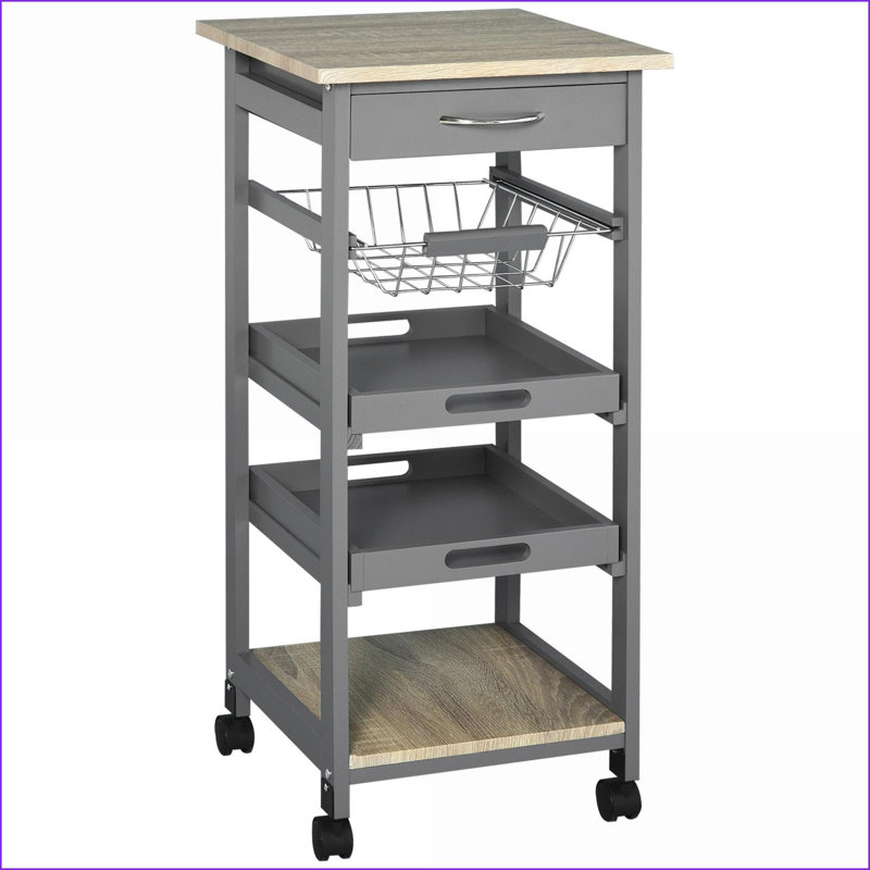 Chariot pour îlot de cuisine avec tiroir de rangement, panier coulissant et amp; Roulettes à roulettes | Gris | Panneau de fibres à densité moyenne P2