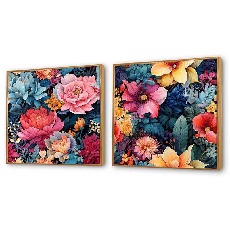 Lenna - ensemble de 2 collages carrés floraux, Cadre flottant doré, H 36 po x l 73 po