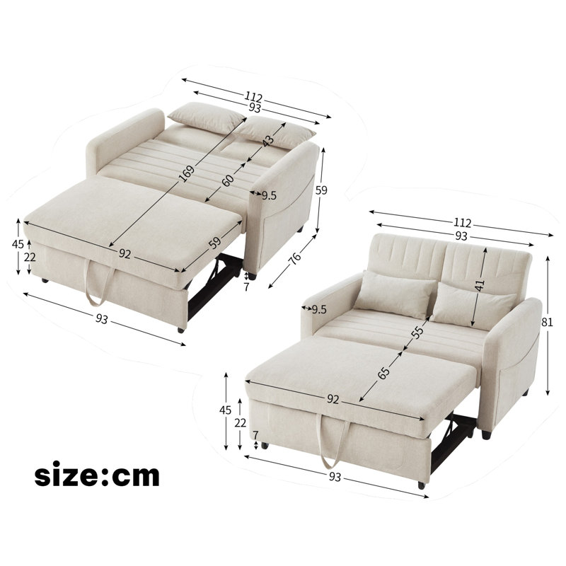 2 Seater Linen Sofa Bed, Beige Linen