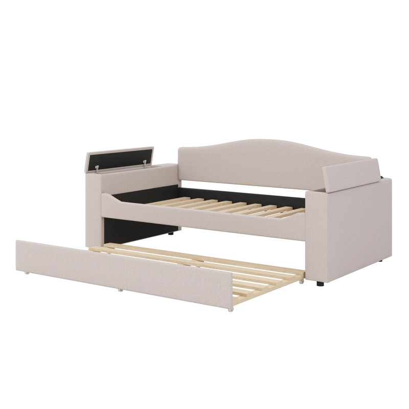 Lit de jour rembourré avec accoudoirs de rangement gigogne et audio Bluetooth avancé, Beige