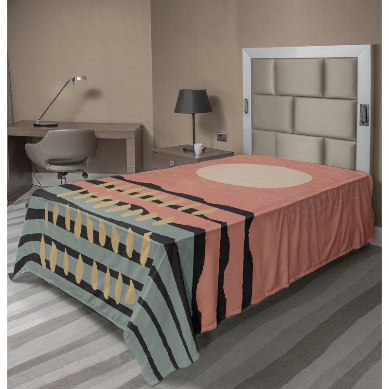 Drap plat moderne de style bohème Ambesonne, Drap plat pour lit simple, Corail / motif rayé vert laurier
