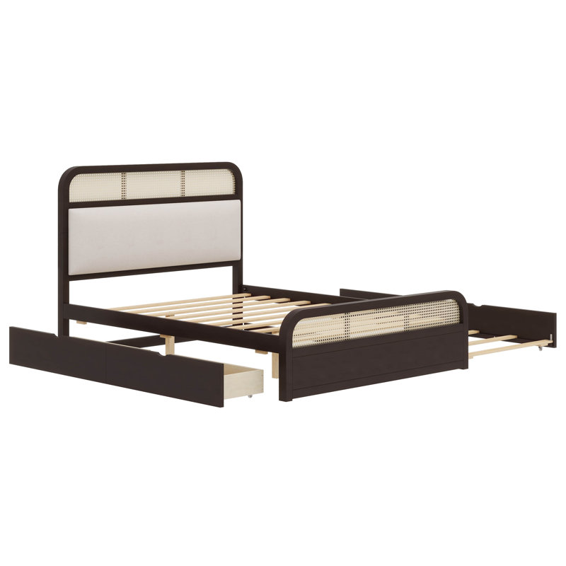 Grand lit plateforme en bois avec lit gigogne et tiroirs, Espresso