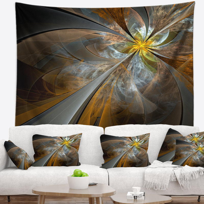 Tapisserie abstraite symétrique de fleur de fractale jaune, H 32 po x l 39 po