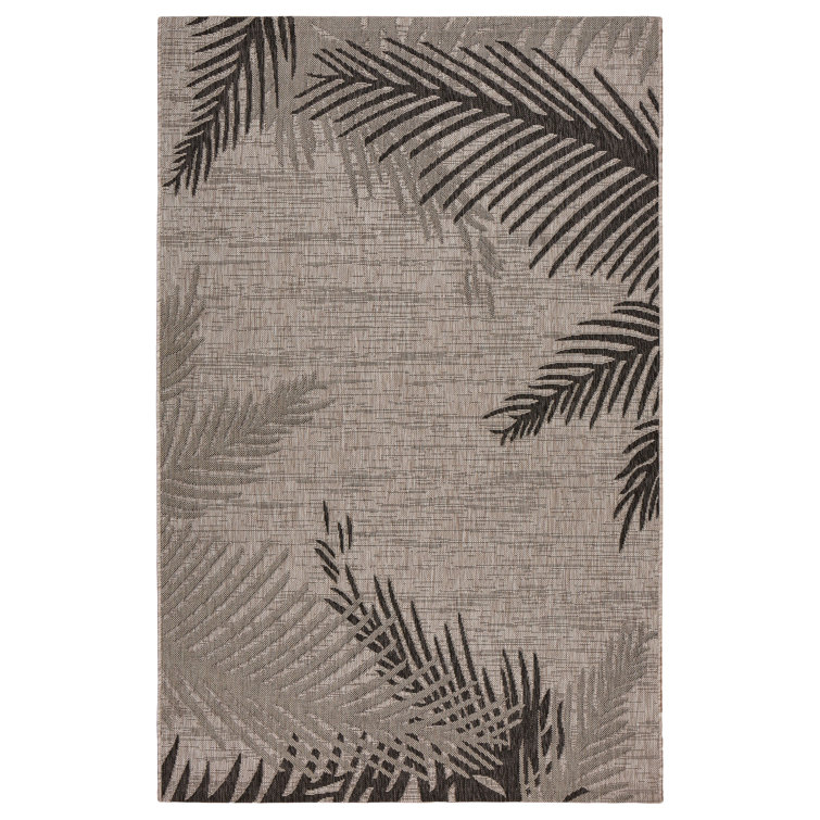 Weilers Fern Motif Black/Gray Outdoor Flatweave Durable Performance Area Rug
