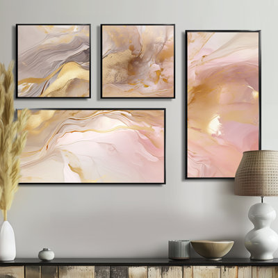 Exquis symphonie abstraite rose et or pastel I - art mural moderne rose 4 pièces
