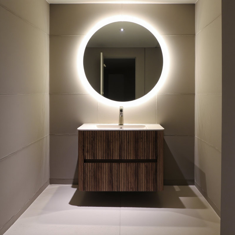 Meuble-lavabo 30 po avec lavabo, armoire de rangement murale en contreplaqué flottant avec 2 tiroirs, lavabo en céramique blanche, sans robinet, pré-assemblé, couleur grain de bois noyer rétro