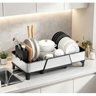 Grand égouttoir à vaisselle extensible, en acier inoxydable avec porte-couverts et porte-tasses, antirouille