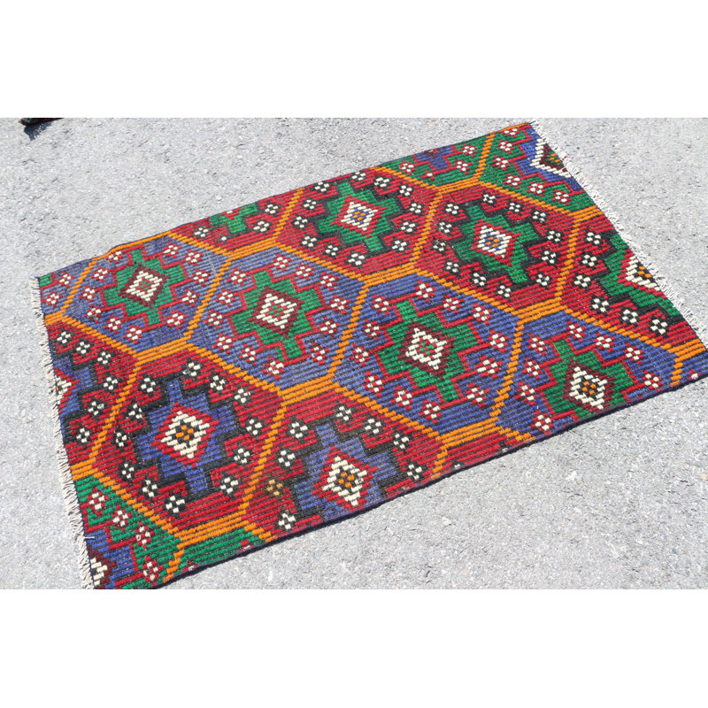 Tapis kilim turc rétro à motif géométrique tissé à la main avec de la laine pour un décor bohémien et un tapis de sol