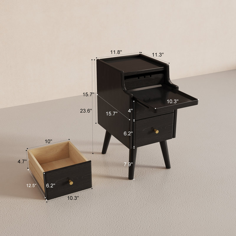 Narrow Solid Wood Nightstand with 2 Drawers, 19.68"H X 11.81"W X 15.74"D, Black