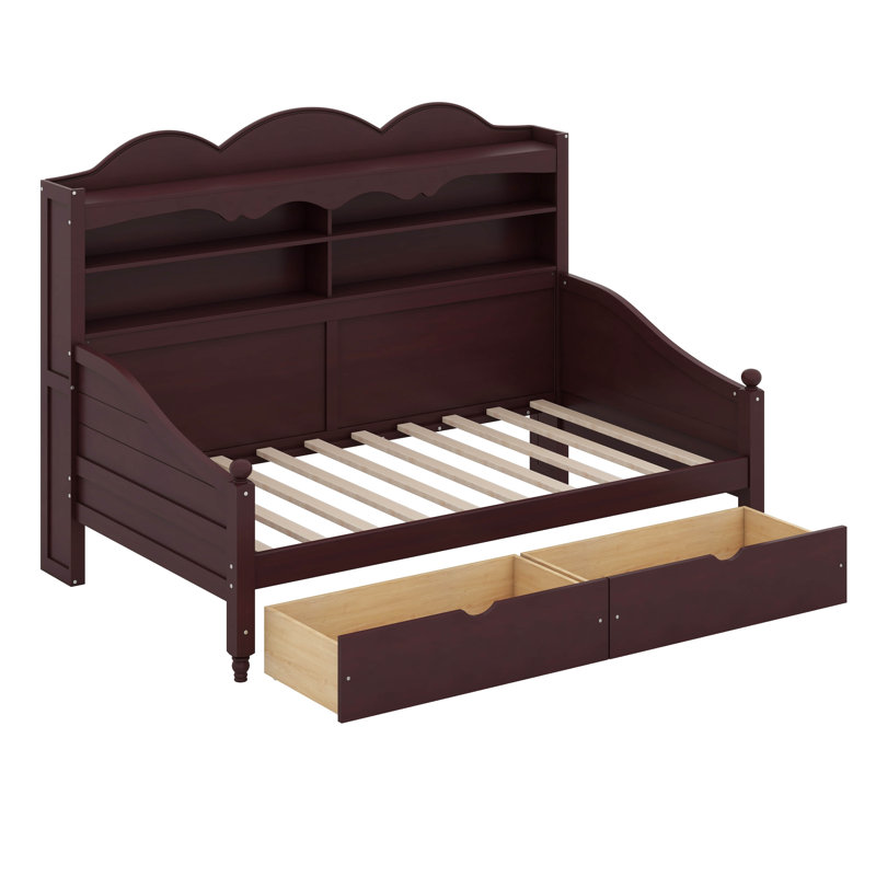 Lit de jour simple avec tiroirs de rangement, structure de lit simple en bois robuste avec étagère de tête de lit de rangement, style rétro