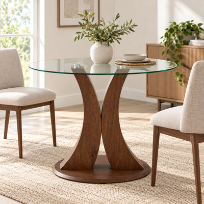 Table de salle à manger ronde moderne 2 en 1 en verre, table de cuisine sur pied central de 99 cm (38,94 po) avec base en bois incurvée réglable et finition noyer style milieu du siècle