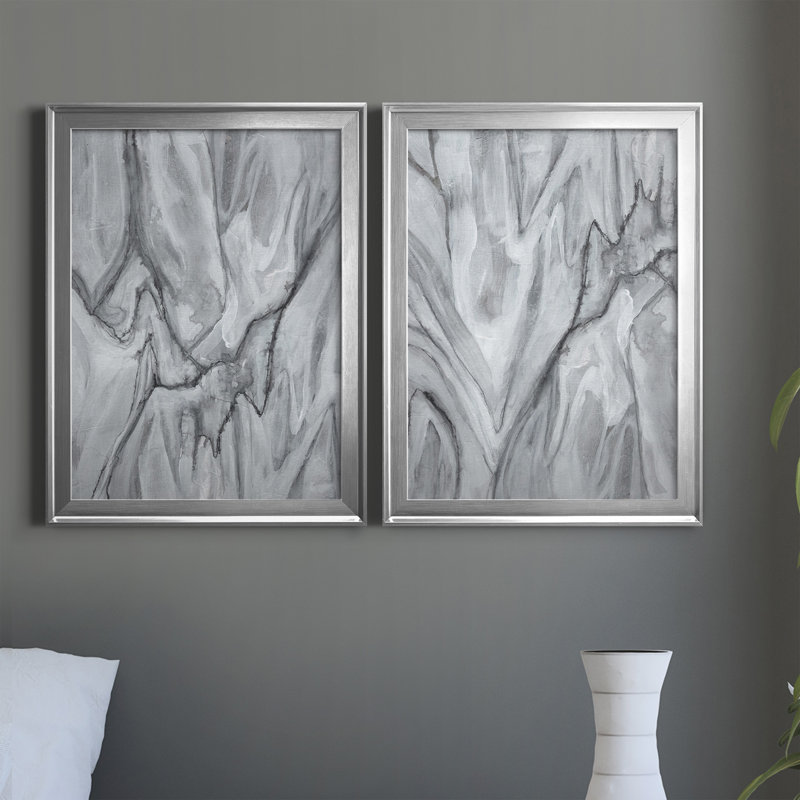 Marbré blanc I - ensemble de 2 impressions encadrées sur toile, Cadre argenté, H 36,5 po x l 26,5 po x P 1,25 po