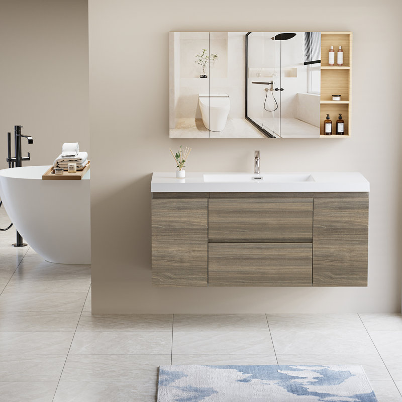 Floating Bathroom Vanity With Sink, Gray, 47"