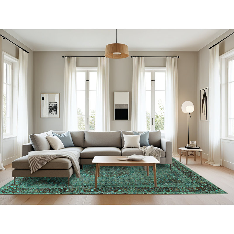 Tapis oriental en laine / polyester tissé à la machine en vert / brun, Rectangle 8 pi x 12 pi