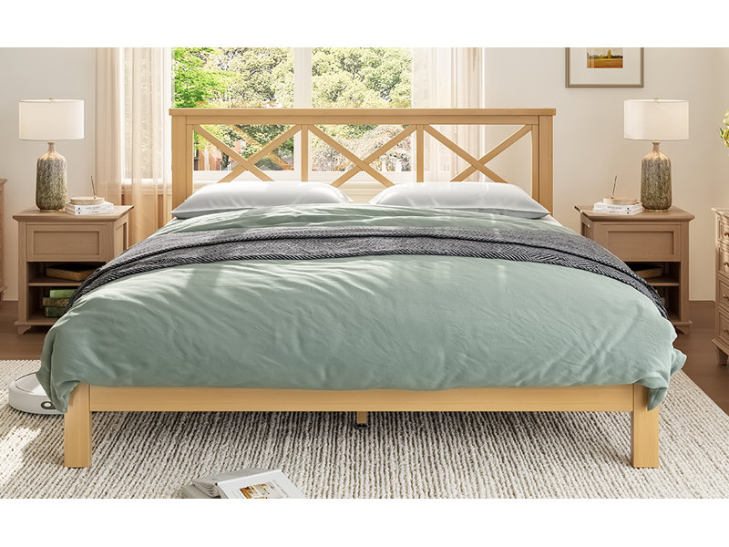 Lit plateforme Garen Mid-Century avec structure en bambou et tête de lit en X, Naturel, Grand lit