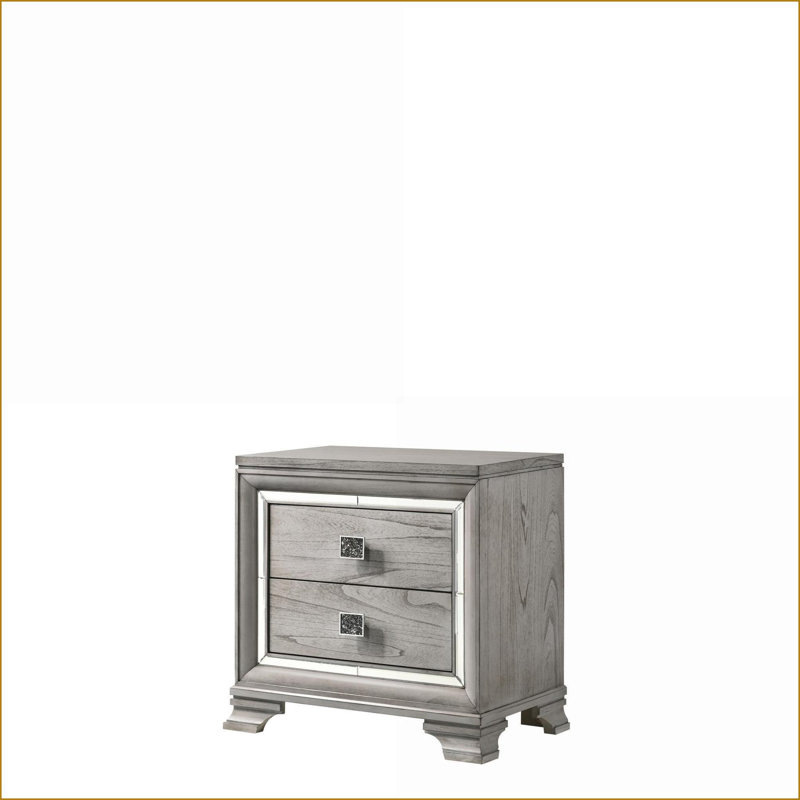 Table de chevet contemporaine à 2 tiroirs avec accents de miroir biseauté gris clair