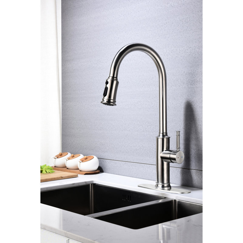 Kitchen Faucet With Pull - Out 360 Rotating High Arc Nozzle, Three Water Modes, Single Lever For Temp And Flow Management, Brushed Nickel, Stainless Steel, Rust, Splash Down Rotation, Stream Spray