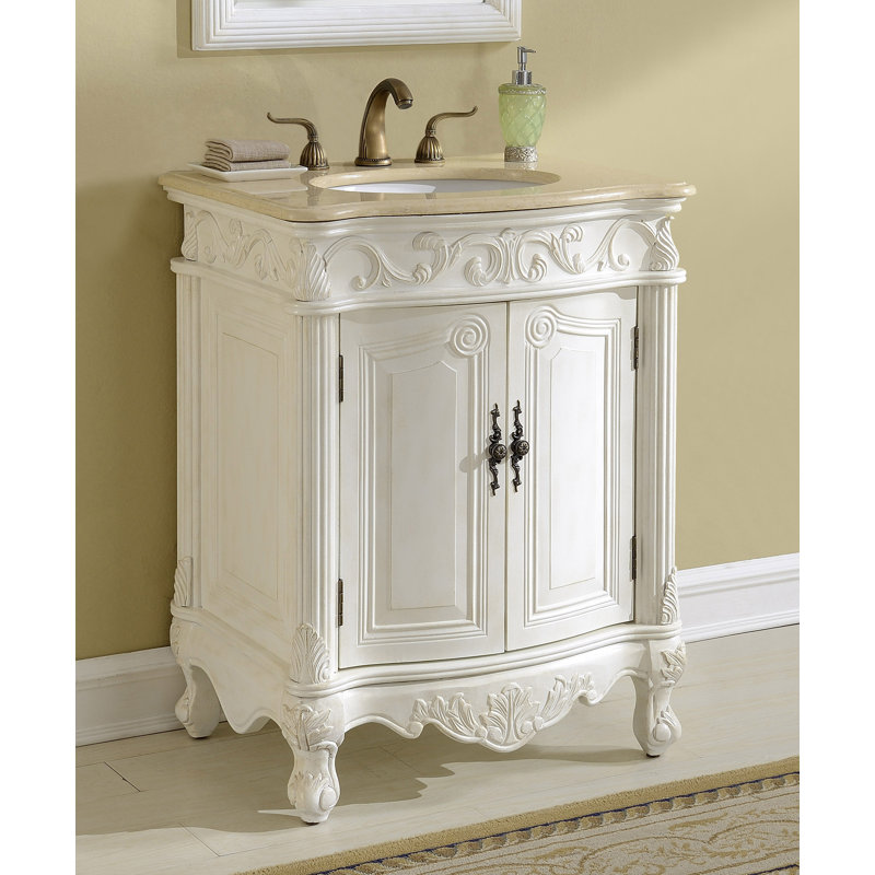 Ensemble de meuble-lavabo simple 27 po Aurillac, Blanc antique, Marbre de couleur crème