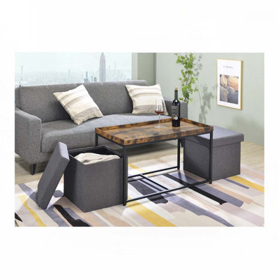 Wood Top Coffee Table  Set With Metal Base 2 Storage Stools
