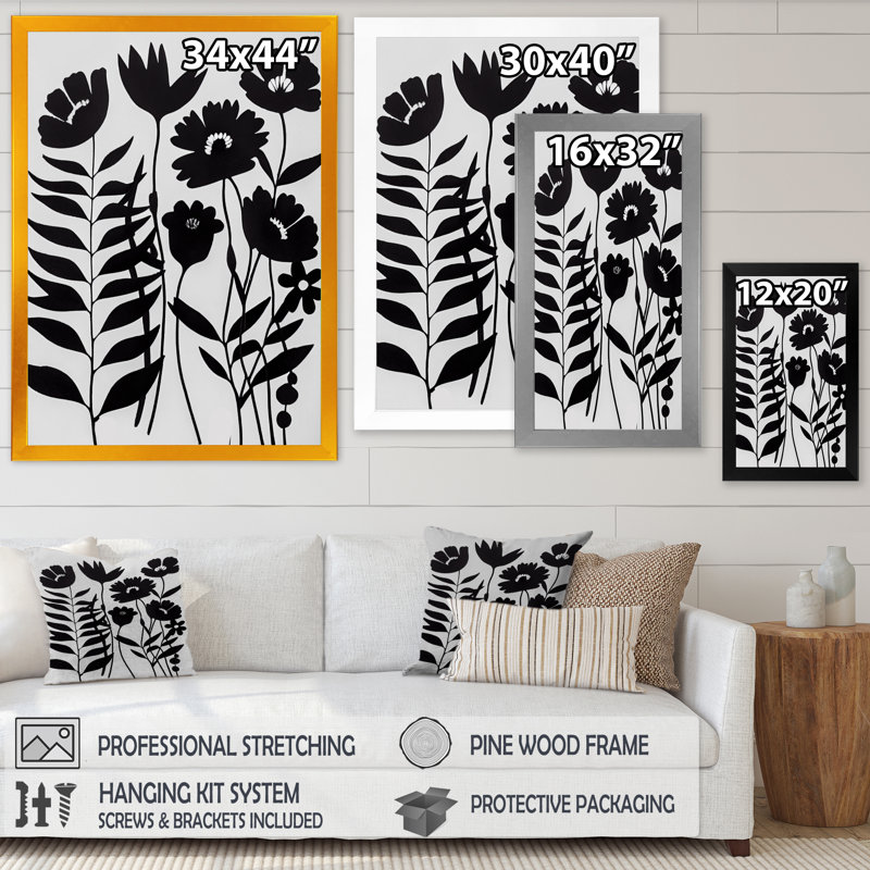Fleurs noires et blanches II, L 12 po x H 20 po, Impression dorée sur toile encadrée
