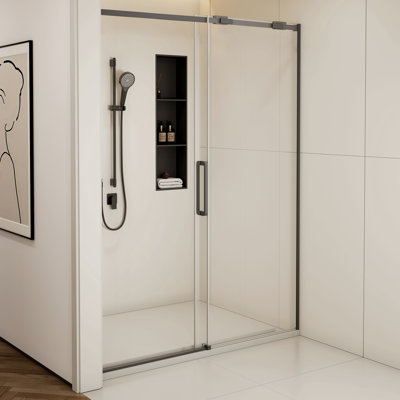 56-60"W X74"H Semi-Frame Single Sliding Shower Door,304 Stainless Steelin ,5/16" (8Mm) Thick Sgcc Tempered Clear Glass,Type C Wrapped Guide Rail Anti-Derailment Pulley