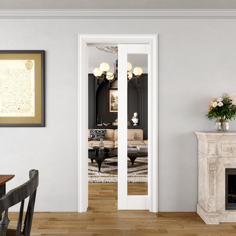 Porte intérieure en verre transparent 1-Lite, porte en verre trempé CARB P2 en panneau de fibres à densité moyenne et en verre trempé, avec cadre renforcé et trousse de quincaillerie, porte de chambre coulissante pré-finie et imperméable pour garde-manger, chambre à coucher, salle de bain et garde-robe, teinture facile à bricoler, 32 po "x 80"