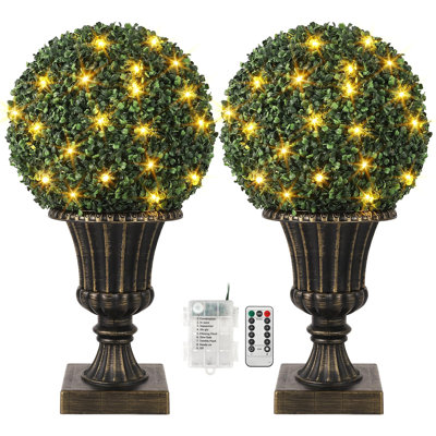 Pre-Lit Artificial Boxwood Topiary Ball Set of 2 – 16" Faux Shrubs with 40 LED Lights, 8 Lighting Modes, Remote, Timer, UV Resistant, Red Urn Base, Indoor Outdoor Wedding Garden Decor