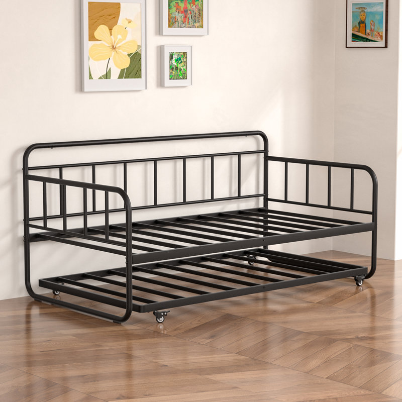 Twin Size Daybed And Trundle Bed Frame Set, Twin Metal Daybed Frame With Pull Out Trundle Bed, Black