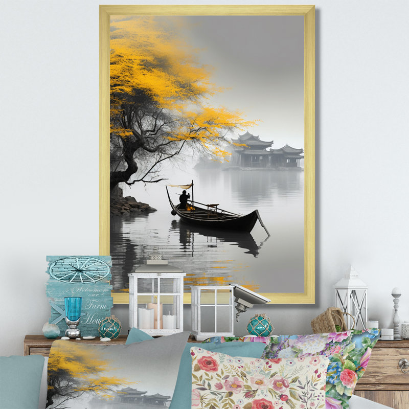 Art asiatique, bateau jaune, monochrome, H 32 po x l 24 po x P 1 po, Toile encadrée or simple
