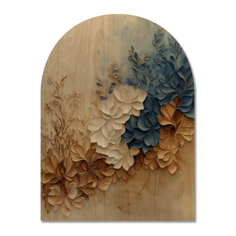 Sable et Indigo en fleurs I - Affiche murale en bois arqué Magnolia, H 32 po x l 24 po, Arche