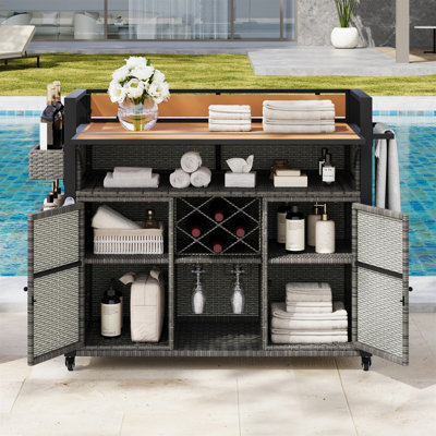 Durable Wicker Outdoor Grill Cart With Extended Poly-Wood Table Top And Ample Storage, Perfect For Patio Entertaining.