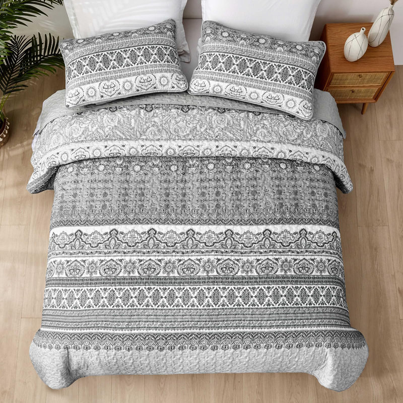Ensemble de 3 courtepointe Boho Bohemian, Gris, Courtepointe très grand et 2 très grandes taies 