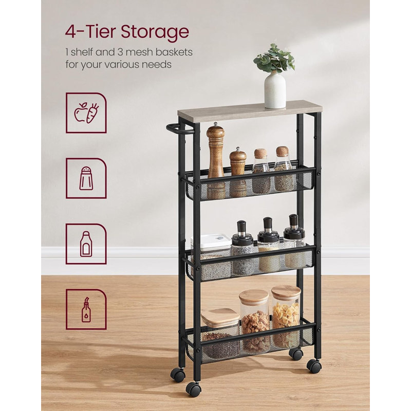 Slim Rolling Cart 5 Tier Storage Cart Narrow Cart with Handles, Metal Frame, 30.30" H x 17.90" W x 5.10" D