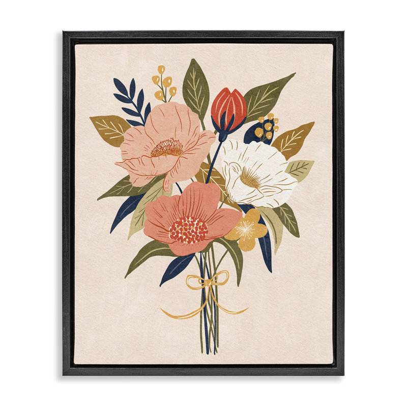 «Peach Floral Bouquet Floater», art mural par Lisa Nohren, H 21 po x l 17 po, Cadre flottant noir de jais