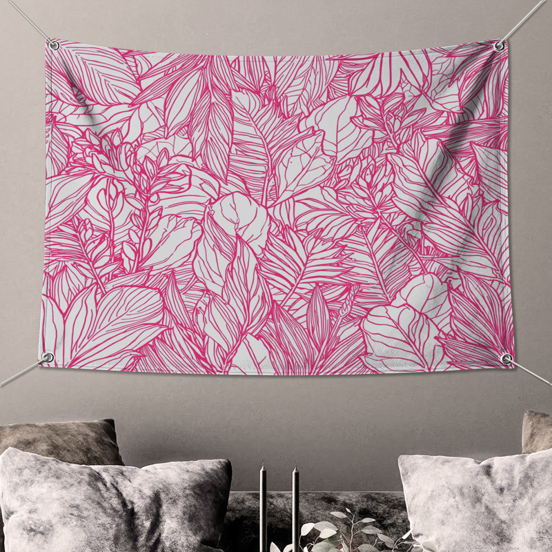 Tapisserie murale «Pink Leaf Line Art» - feuilles, décoration murale, 68 po H x 80 po L avec 4 œillets