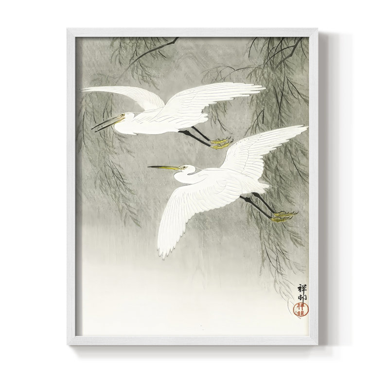 «Koson's Flying Herons I», reproduction encadrée - bois massif, H 30 po x l 24 po, Blanc