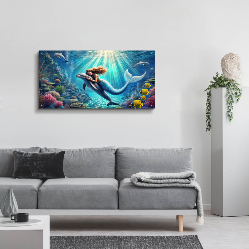  «Mermaid and Dolphin Underwater» par Rey Klimt, art mural en verre acrylique, 48 po x 24 po