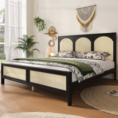 Queen Size Wood Platform Bed With Natural Rattan Headboard And Footboard Decoration, Black And Beige Color Match