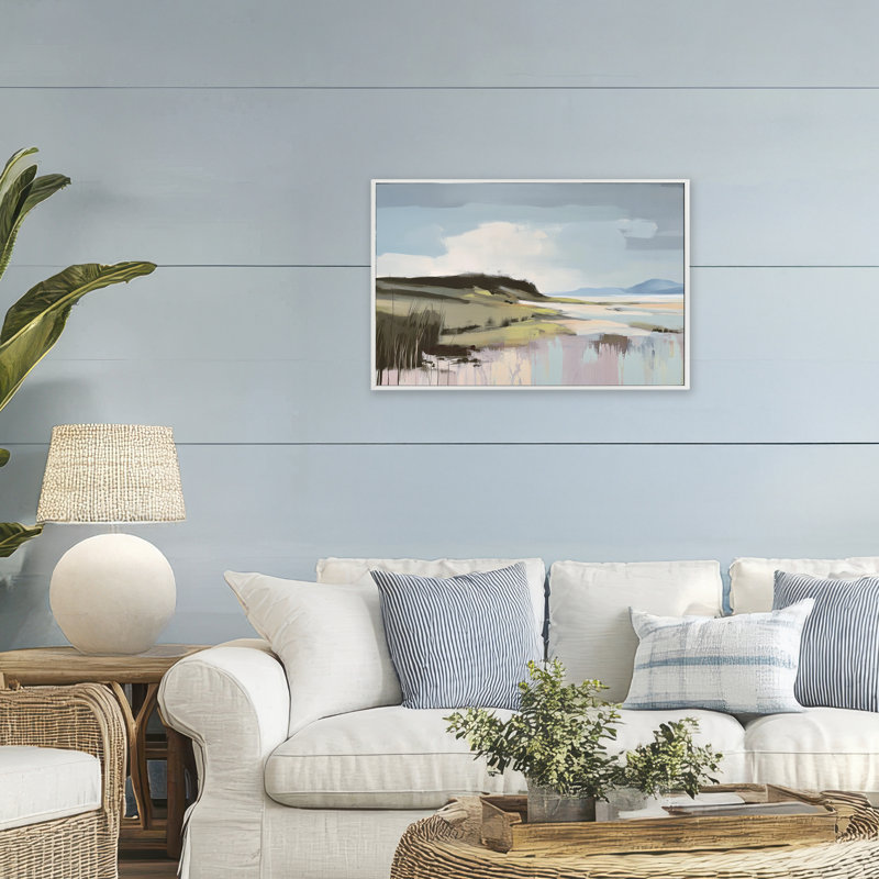 Giclée moderne encadrée, par Elara Yasna, H 20 po x l 30 po, Estampe numérique encadrée blanc bord de mer