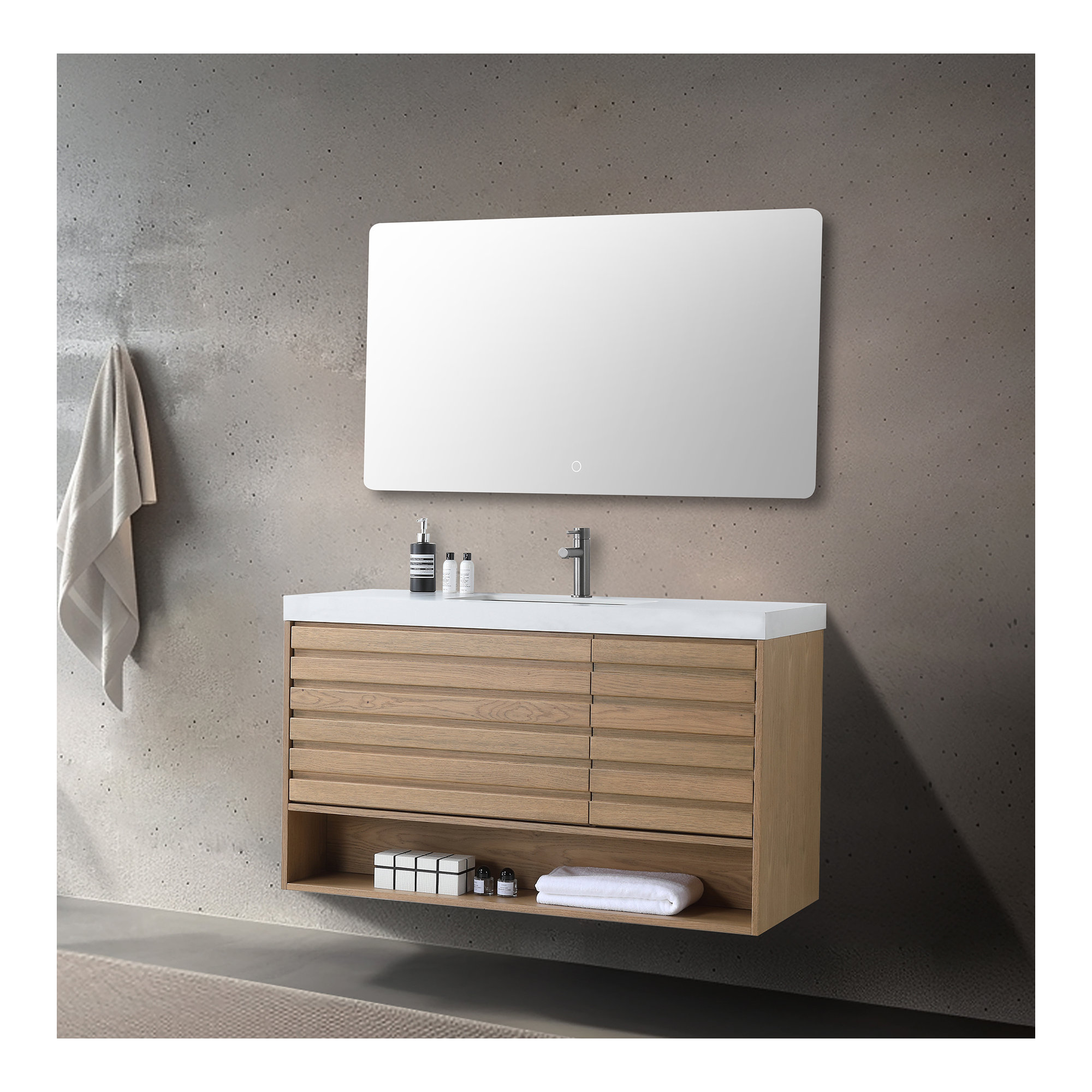 MATERA 48'' Natural Oak Veneer Plywood Bathroom Vanity with Engineered Stone Top, Pecan Oak, White
