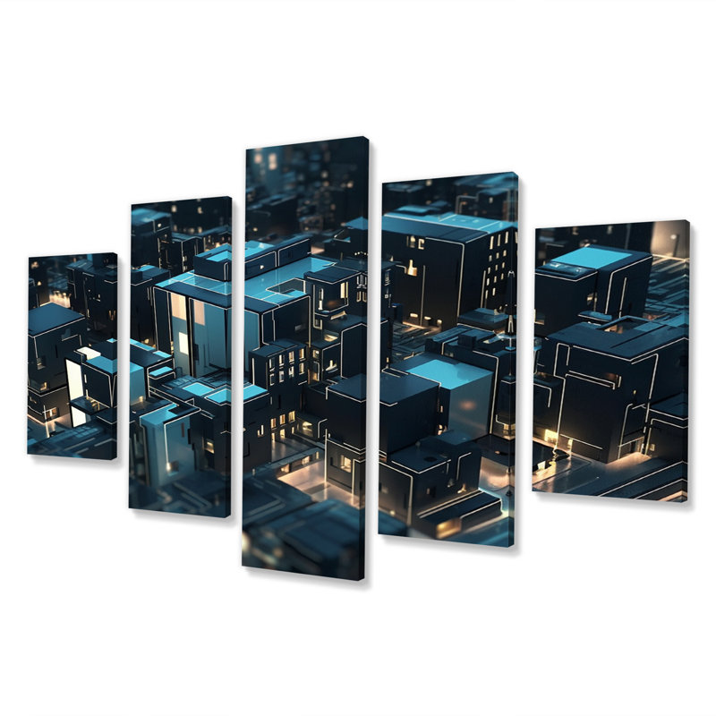 3D architecture urbaine futuriste turquoise - décoration murale architecture futuriste - 5 panneaux