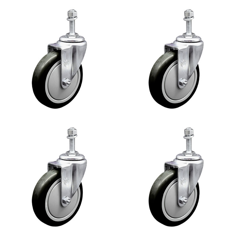 Ensemble de roulettes à tige filetée en polyuréthane pivotant de 5 po de 3/8 po SCC, Noir