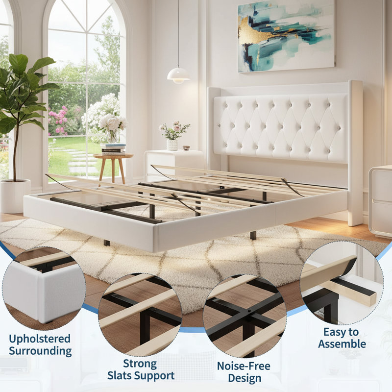 Bed Frame With LED Lights And Wingback, Full, White