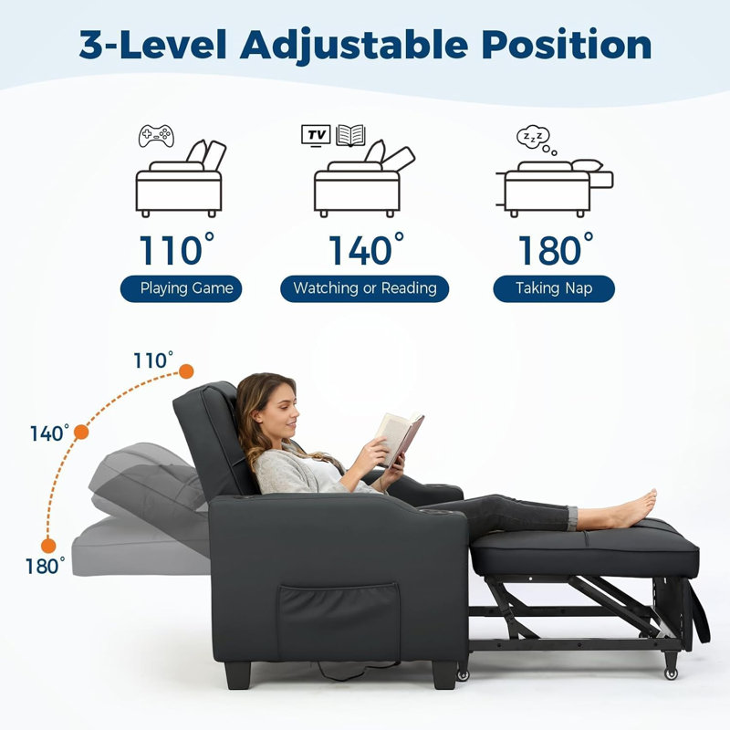 4 in 1 Convertible Sofa Chair Bed Sleeper Chair Pull Out Bed, Single Sofa Recliner w/ Vibration Massage, Lumbar Pillow, USB/Type-C Port, Cup Holders